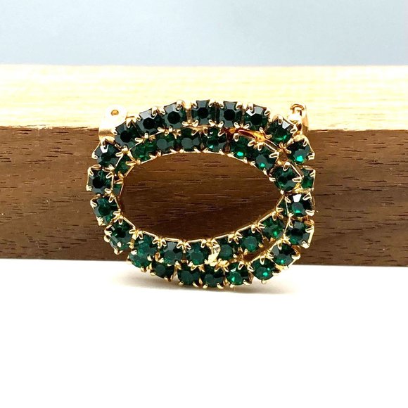 Sparkling Green Interlocking Rings Brooch, Vintage Double Ovals with Prong Set C - Picture 2 of 4